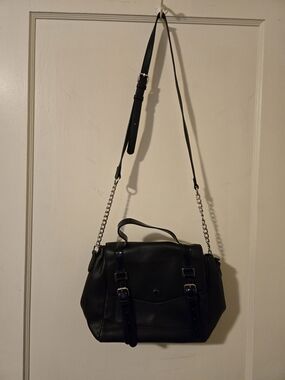 Steve Madden Black Pebbled Leather Shoulder Satchel with Chain Strap